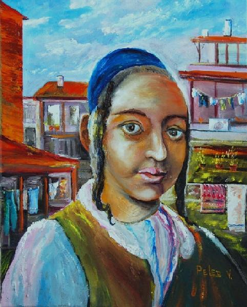 oil painting Judaica, portrait, Portrait of a Jewish boy, patio, Moroccan courtyard, Jews