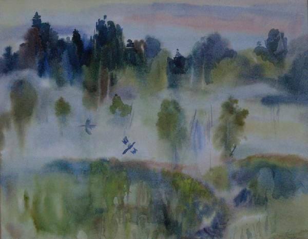 птички, деревья, туман, зелень, небо, облака
