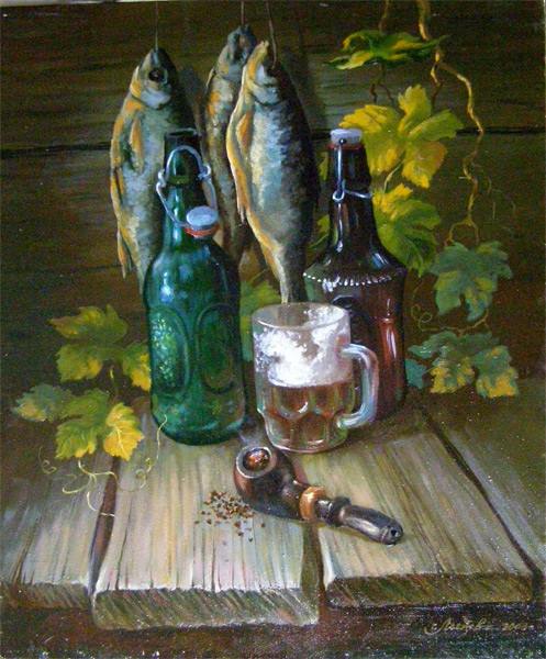трубка, табак, пиво, бокал, рыба