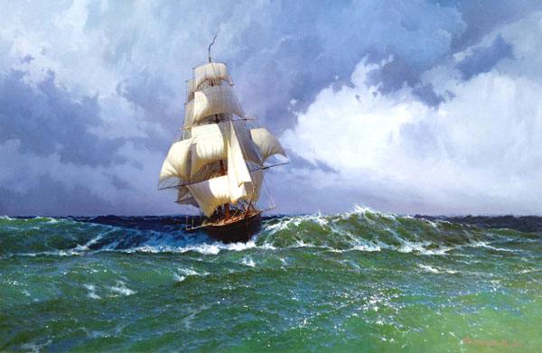 старинное судно, паруса, великолепие, воздух, ветер, тучи, простор, чайки, облака, корабль, фрегат, бригантина, корвет, бриг, парусник, вал, океан, море, волны, шторм, морской пейзаж