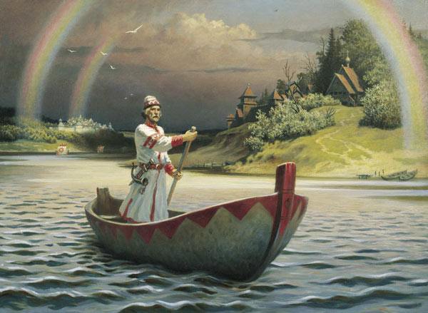 лодка мужик костюм берег древняя русь радуга небо