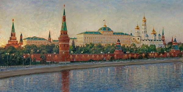 The city landscape, the Kremlin, Moscow, river, night, impressionism, lights
