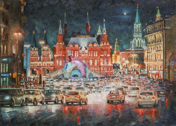 Москва, город, пейзаж, Тверская улица, Новый год, живопись, картина, купить, импрессионизм