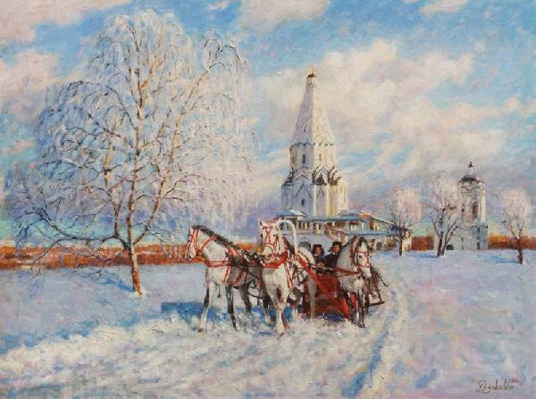 Москва, город, пейзаж, Коломенское, русская тройка, зима, картина, купить, живопись 