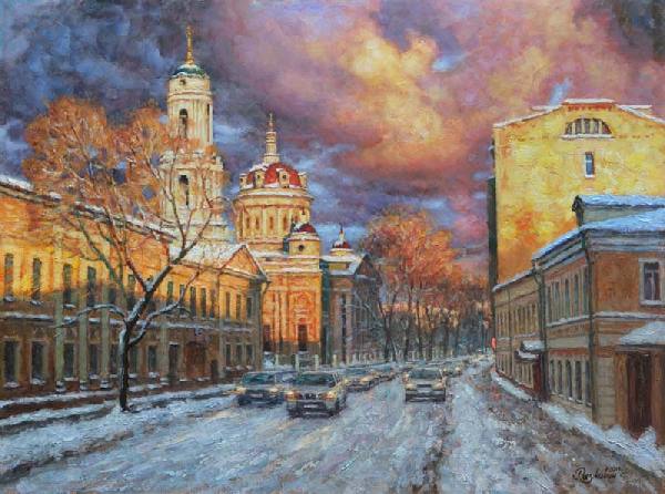 Москва, город, пейзаж, улица Солженицына, картина, купить, зима, солнце, живопись, импрессионизм