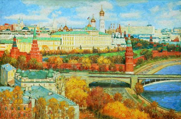 Москва, Кремль, Пречистенская набережная, храмы, московский пейзаж, осень, купить картину, живопись, импрессионизм