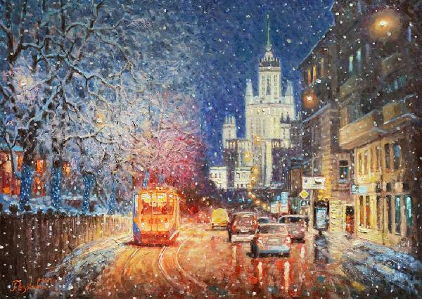 Московский пейзаж, Покровский бульвар, высотка, зима, московский трамвай, живопись, импрессионизм, снег, фонари