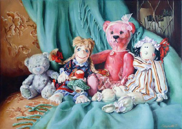 , , , . Bears, little girls, a sit-round gathering, dolls.