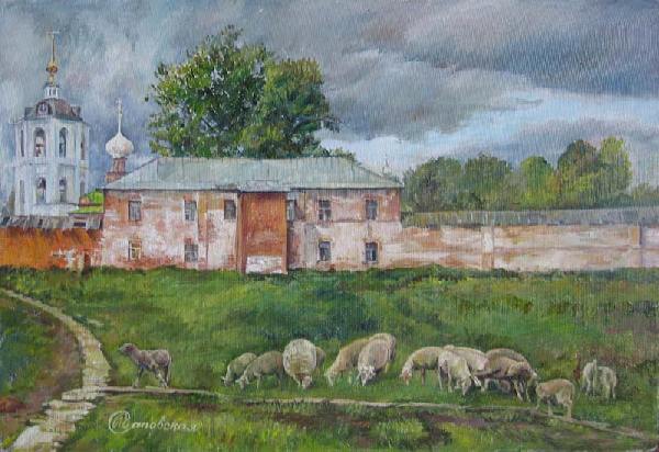 монастырь овцы.тропинки трава купола