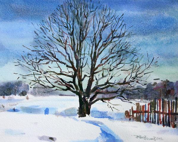 зима, дерево, забор
