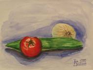 Натюрморт с луком, томатом и огурцом
