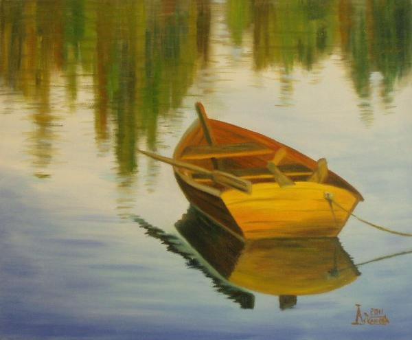 озеро, лодка, вода, отражение, дерево