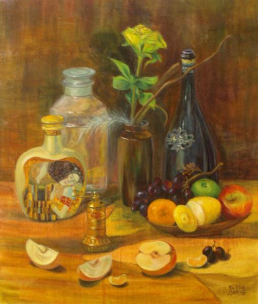 яблоко, фрукт, мандарин, лимон, виноград, роза, цветок, бутылка, вода, перо, мельница, тарелка