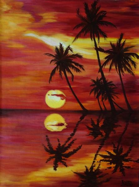 пальма, море, отражение, берег, закат, солнце