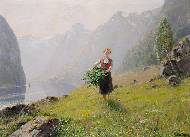 Gathering leaves by a fjord