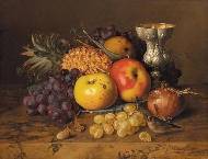 A still life with grapes, apples and pineapple