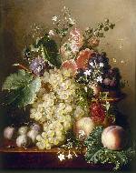 A still life with grapes, peaches and hollyho