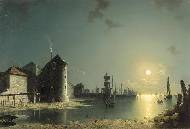 A view of southampton harbour by moonlight with buildings and shipyards