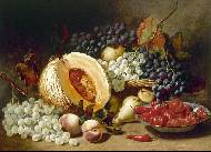 Still life with a basket of grapes, peaches, pears, melon, pepper chilli