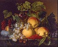Still life of  peaches, grapes, plums, peppers and a glass of water all resting on a marble ledge