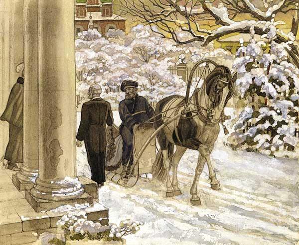 лошадь повозка ямщик конь подъезд зима снег